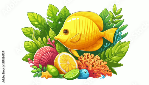 Tropical Fish Paradise: A vibrant illustration showcasing a single yellow fish gracefully swimming amidst an enchanting underwater scene, embraced by lush green leaves, coral reefs.