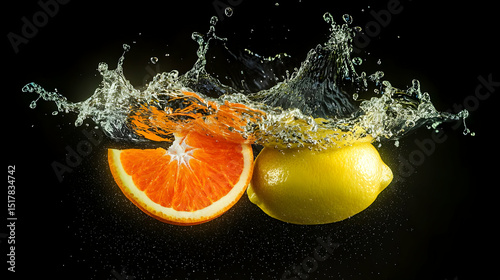 Orange And Lemon Slices Splashing In Water On Black Background