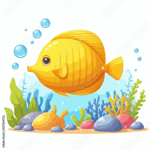 Cheerful Coral Reef: A vibrant yellow fish swims playfully amidst a colorful coral reef, its scales reflecting the underwater light.