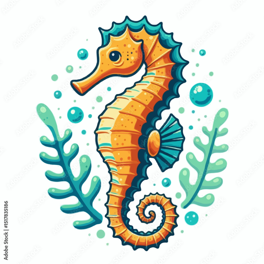 Fototapeta premium Cartoon vector illustration of a wild sea horse in the ocean water with sea animals