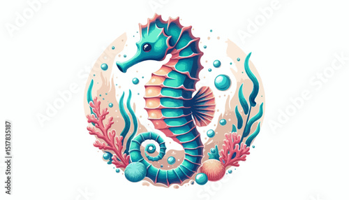 Vector illustration of a colorful sea horse with a floral pattern on a white background