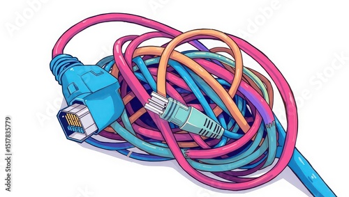 A tangled mess of brightly colored ethernet cables with blue and green connectors on a white background
