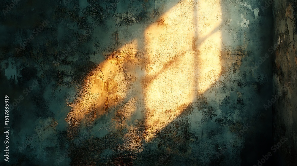 Obraz premium Illuminated aged wall revealing a golden sunlight shaft in a dilapidated room