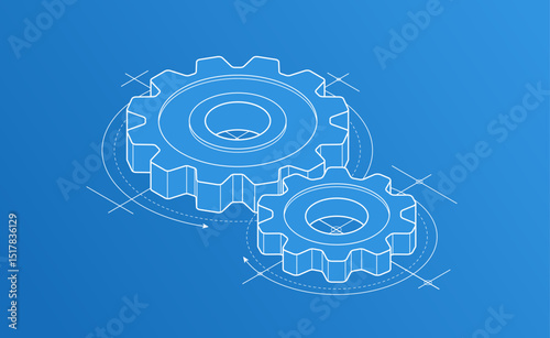 Invention renovation and development concept, gears and cogs with cad engineering drawing isometric 3D vector illustration, technology theme, machinery and engine creation.