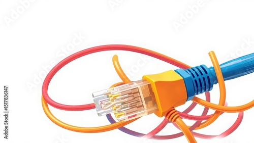 A close up of a network cable with orange yellow red and blue wires on a white background studio shot