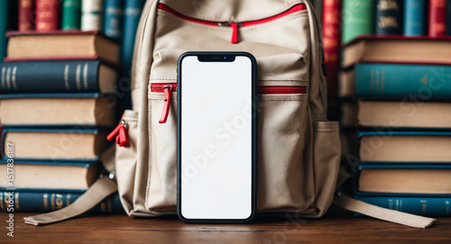 Smartphone and Backpack with Books Still Life