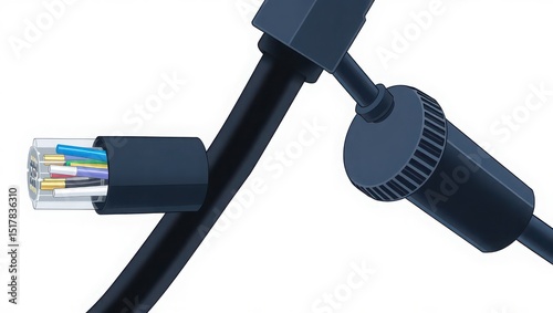 A close up of a black cable with exposed wires and a cylindrical connector on a white background