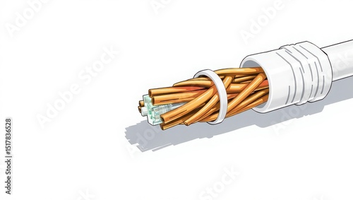 A close up of a white cable with exposed copper wires and a clear connector on a white background