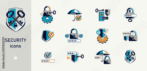 Password access, shield and padlock with key, umbrella and pin safety vector detailed icons set, security and protection.