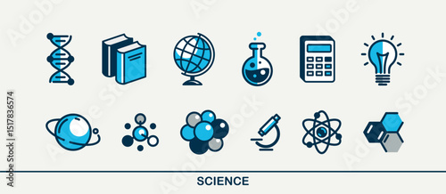 Science vector detailed icons set, school and university education bundle, scientific study and research, physics and chemistry.