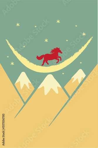 Red horse silhouette running across a winter mountain ridge under northern lights