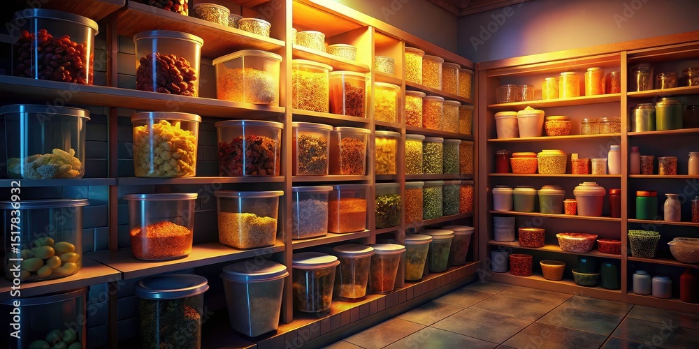 Obraz premium Organized Pantry, Clear Bins, Food Storage, Low Light Photography, AI Generated Image