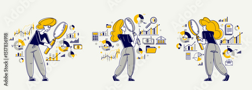 Financial analytics vector outline illustration set, analytic with magnifying glass making inquiry about finances, financier reviewing cash-flow, budget balance.