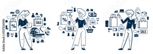 Shopping and discount vector outline illustration set, store worker managing goods or customer have a big choice and enjoying cheap prices, adviser consultant.