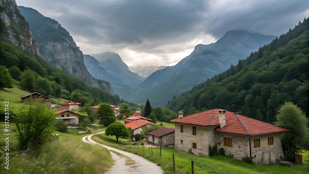 Obraz premium A secluded village in a mountain valley. 