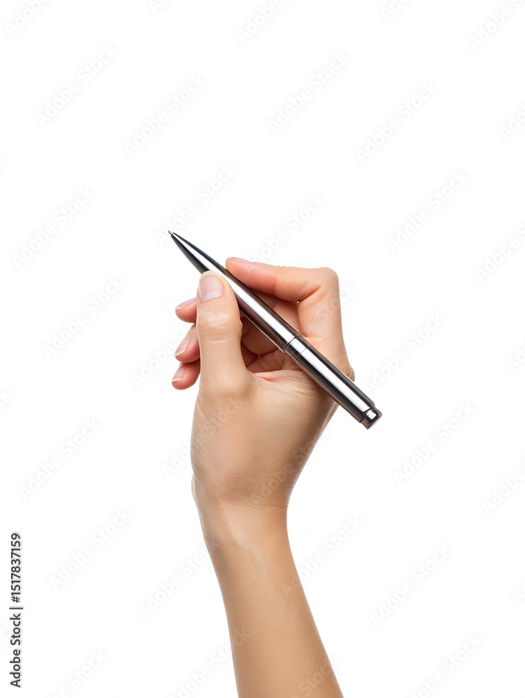 A woman's hand holding a silver pen, ready to write or sign. A woman's hand holding a silver pen, ready to write or sign.