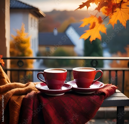 two big red cups of coffee on a table on an autumn balcony