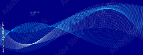 Dark blue abstract background, vector wave of flowing particles, curvy lines of dots in motion, technology and science theme, airy and ease futuristic illustration.