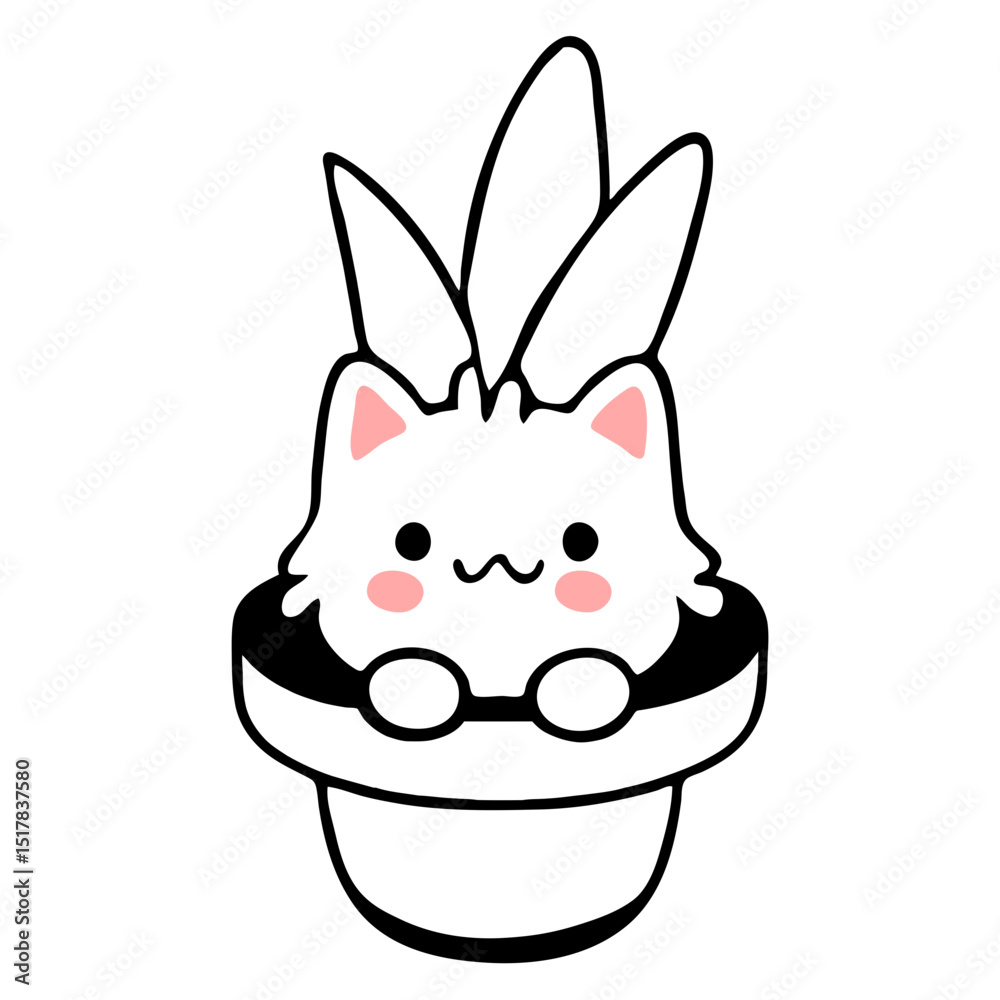 Obraz premium A cute white cat with pink cheeks sitting inside of a white flower pot with green leaves sticking out