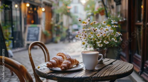 A picturesque European café table with a croissant, a cappuccino, and a small vase of flowers, captured with a view of a cobblestone street in the background