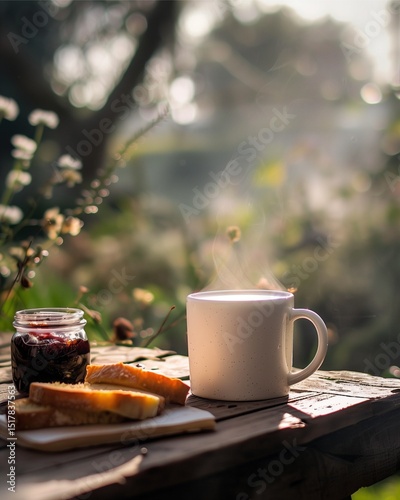A steaming cup of milk on a wooden table next to slices of buttered toast and a jar of homemade jam, with a blurred garden view in the background


