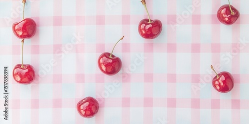 Bright red cherries scattered on a pastel pink and blue gingham tablecloth. Top view, retro picnic vibe, ideal for food backgrounds, summer promotions, or nostalgic designs..