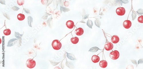 Seamless watercolor-style pattern with red cherries, soft green leaves, and delicate blossoms on light blue background. Elegant and fresh design perfect for textiles, wallpapers, and packaging..