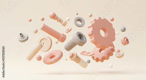 Pastel 3D Mechanical Parts & Gears Floating: Abstract Industrial Design, Engineering, and Technology Concept