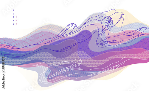 Abstract oriental Japanese art vector background, traditional style design, wavy shapes and mountains terrain landscape, runny like sea lines.