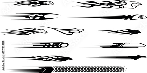 Collection of black and white tribal flames and speed graphics for car decals