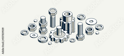 Engineer education concept, gears and cogs composition isometric 3D vector illustration, study science in university, engineering learning.