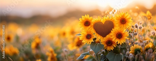 Sunflower in shape of heart and blurred background 