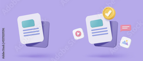 3D media data with video and photo management. Searching image and video files in gallery library. Document management soft database, document form. 3d multimedia file icon vector render illustration