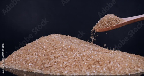 Brown cane sugar pile taken with wooden spoon on black background. Excessive sugar content in products. Nutrition. The benefits or the danger of sugar consumption to health concept. Slow motion