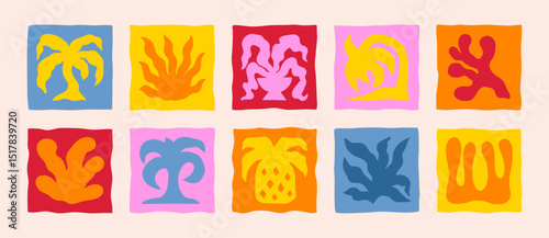 Boho Groovy Summer Plants Icons in Naive Style. Vector Abstract Square Tropical Illustrations Palm Tree, Pineapple, Coral, Seaweed for Logo, Patterns, T-Shirt Print, Stickers, Social Media