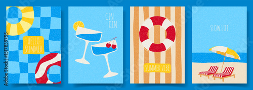 Creative abstract summer cards. Vector posters with beach loungers and umbrella on seashore, cocktails, inflatable rings, lifebuoy. Concept flyers for party, holiday, event, card, invitation, banner.