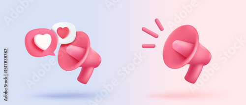 3d megaphone speaker or loudspeaker bullhorn for announce promotion in background, megaphone loud hailer with microphone, speakerphone. 3d icon vector render illustration for alert and announcement