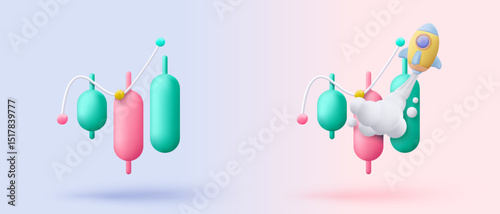 3d excellent business graph with flying space rocket concept. space for business startup and growth statistics trading, bank, finance, investment. 3d rocket icon vector illustration