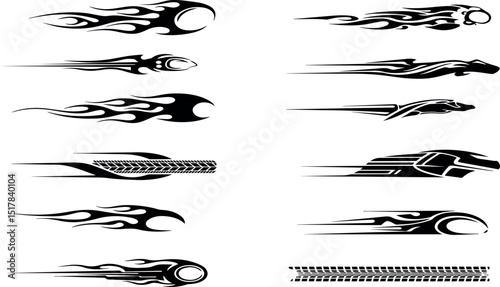 Tribal flames and tire track graphics for vehicle decals