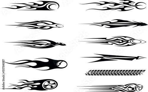 Collection of black and white tribal flame and speed graphics
