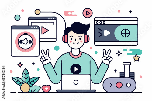 Person enjoying streaming media content across multiple devices and platforms using a laptop and headphones, showing a peace sign gesture.