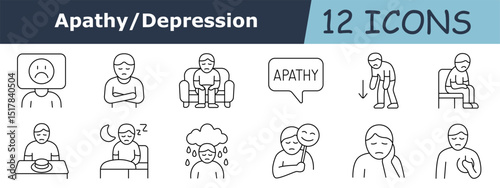Apathy outline set icon. Square sad face, pain in stomach, sitting figure, apathy bubble, hunched man, chair, food plate, insomnia, rain cloud, mask, sleepy person, chest pain