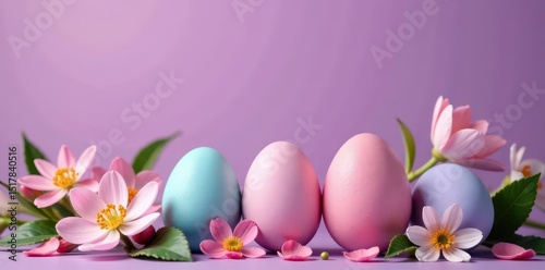 Delicate pastel eggs adorned with blooming spring flowers against a rich purple backdrop , nature, celebration, still life