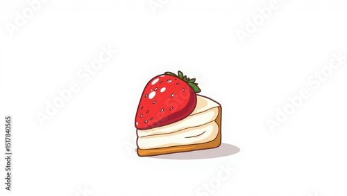 A delightful dessert featuring a slice of cake topped with a vibrant red strawberry illustration