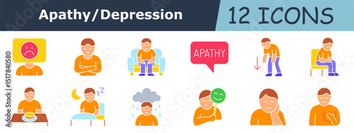 Apathy flat set icon. Man with sad face, stomach ache, couch sitter, apathy message, leaning person, sad man on chair, plate with food, sleepy pose, crying man, mask smile, tired face, hand to chest