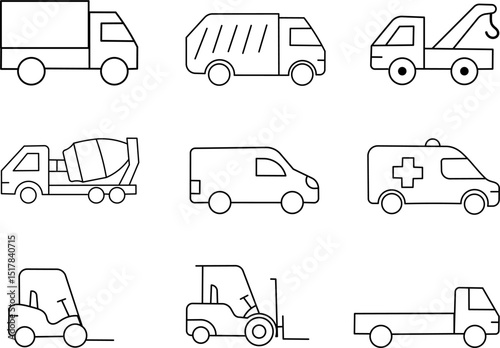 Utility vehicle line icon set. Vector pictograms of delivery truck, garbage truck, tow truck, cement mixer, cargo van, ambulance, forklift, flatbed truck, transportation service thin linear illustrati