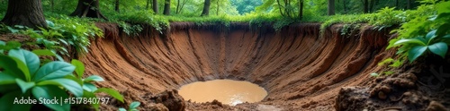 Excavated rainforest pit showing soil layers, exposed roots, and cleared vegetation , research, habitat loss, environment