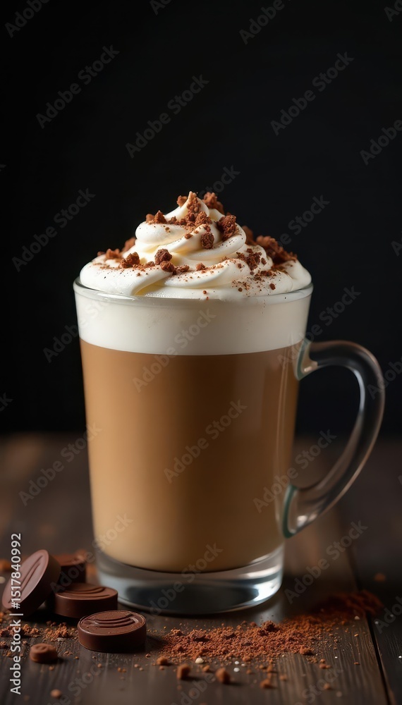 Frothy cappuccino, chocolate sprinkles & chunks, dark background , breakfast, milk Frothy cappuccino, chocolate sprinkles & chunks, dark background , breakfast, milk