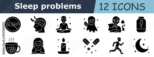 Sleep problems set icon. No sleep sign, brain activity, meditating person, ghost fear, sad man with pillow, energy loss, herbal tea, sleep mask, candle, sleeping pills, night run, moon with stars