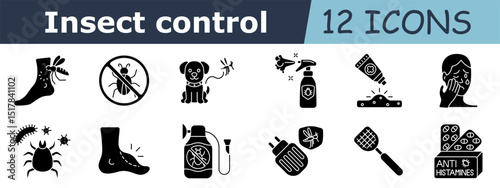 Insect control set icon. Mosquito bite, forbidden bug, dog repellent, insect spray, cream, skin rash, allergic reaction, parasite, tick, foot with bite, sprayer, mosquito trap, swatter, antihistamines